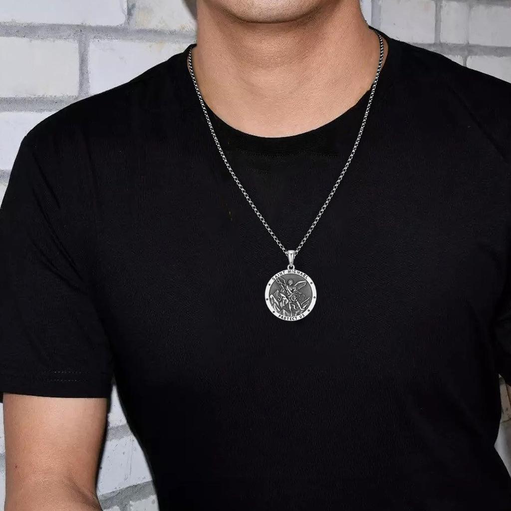 Naszyjnik Michał Szatan Archanioł Chrystus Srebrny Wisiorek Duży Medal Dwustronny Srebro Próby 925 Kościół Katolicki Łańcuszek ze Stali Nierdzewnej Amulet Urodziny