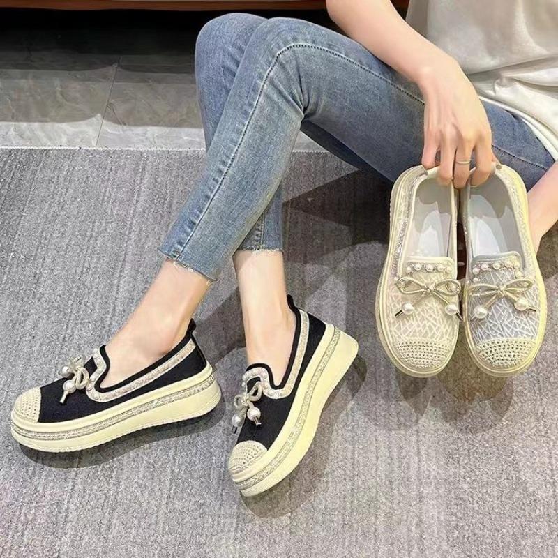 Foreign Trade Small Fragrant Wind Fisherman Shoes Female Summer 2024 New Mesh Surface Breathable Rhindiamonds Bow Pearl Leisure