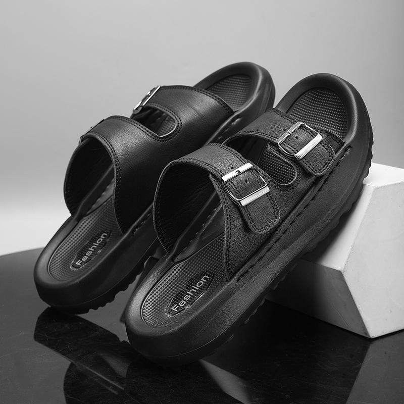 Fashion Italian Leather Double Buckle Cowhide Slippers for Men Hotel Beach Summer Shoes High Quality Slip on Light Flats Male Flip Flops