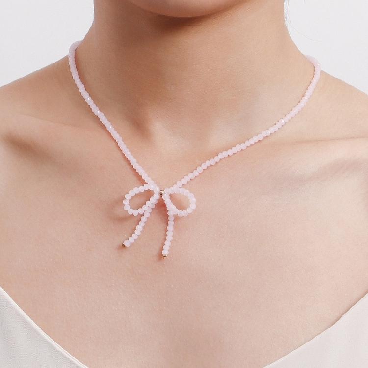 Elegant Crystal Beaded Bowknot Necklace Women Simple Clavicle Chain Choker