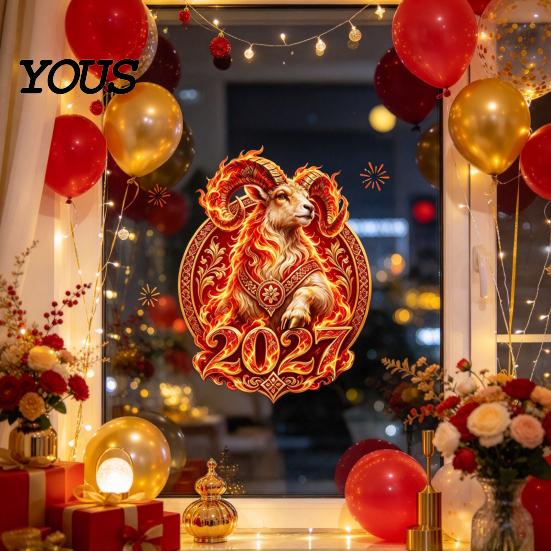 Decorative Glass Stickers 2027 New Year Flame Goat Static Sticker, PVC Ram Window Cling for Home and Store Decoration, Clings Russian Red