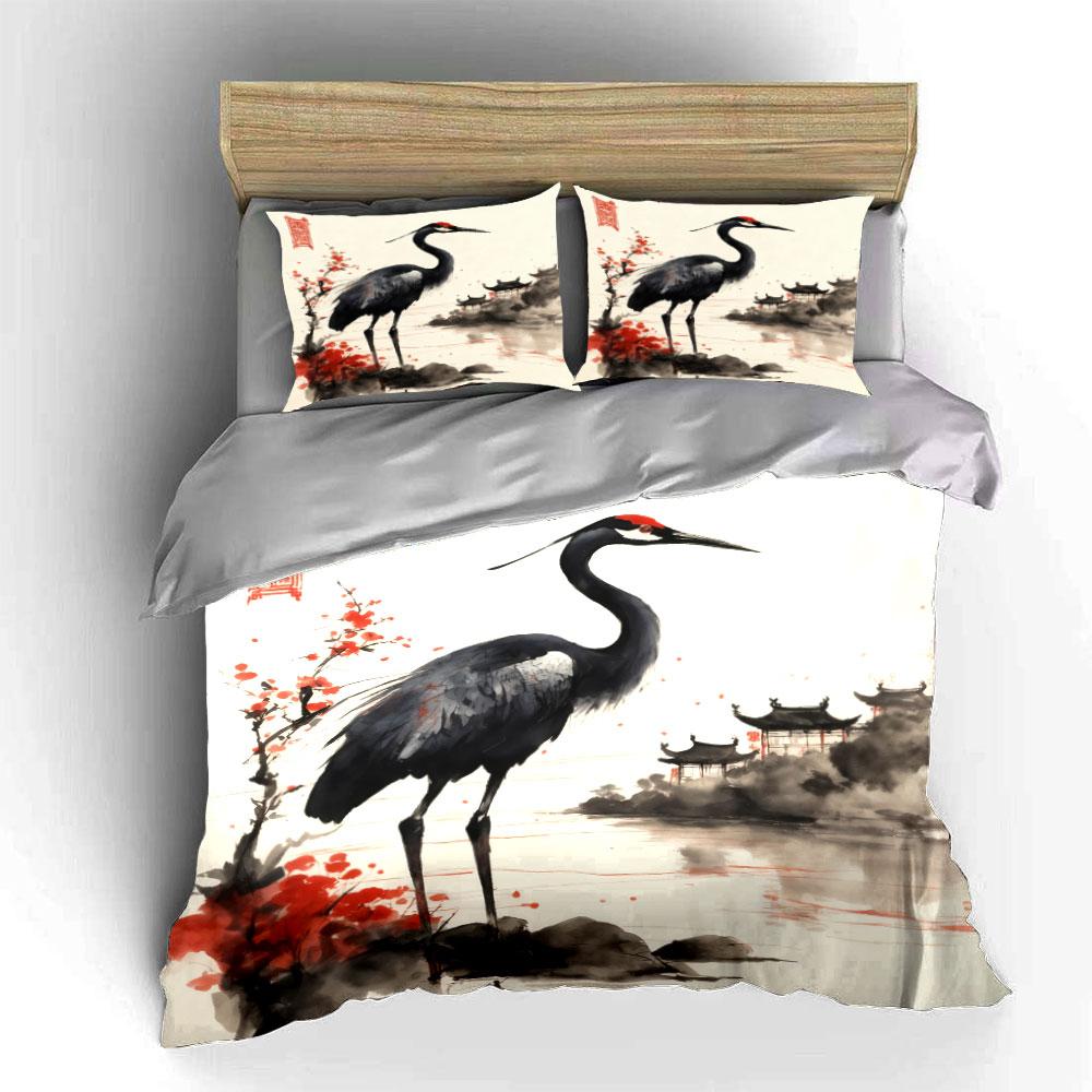 Chinese Ink Style Crane Decor Soft Comfortable Duvet Cover Bedding Set Included 1*Duvet Cover & 2*Pillowcases, Gift