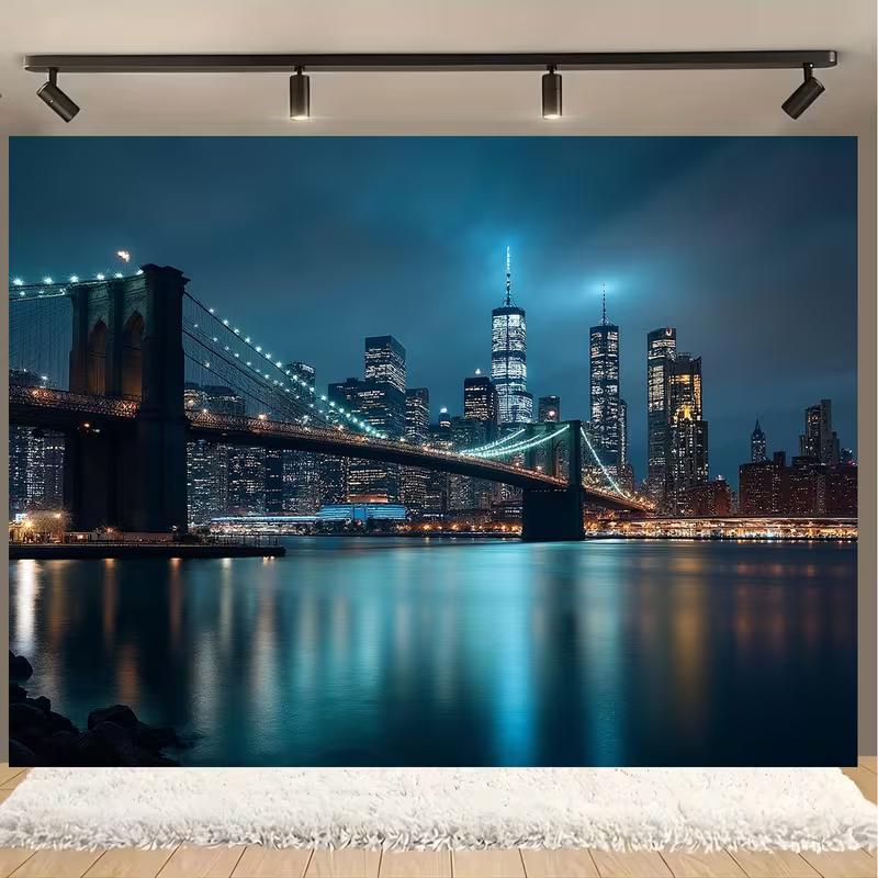 2D Brooklyn Bridge Backdrop, New York City Night Scene Background for Urban Themed Deco 47.2x31.5inch/120*80cm