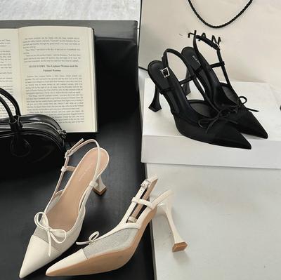 Fashion Spring/Summer 2025 New French Elegant Super High Heels, Gentle Style, Mesh, Bow, Pointed Toe, One-Strap Sandals For Women