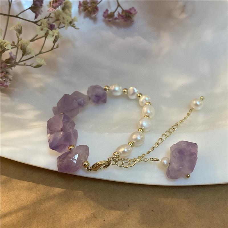 Women Girls Freshwater Pearls Bracelet Irregular Natural Stone Amethysts Purple Crystal Oval Shape Pearl Golden Bangle Jewelry