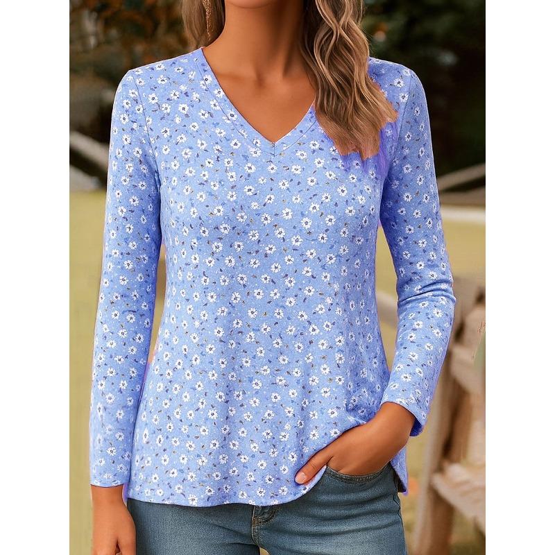 Spring and Autumn V-neck 3D Little Flower Printed Top Fashionable Casual Long Sleeved Women's T-shirts