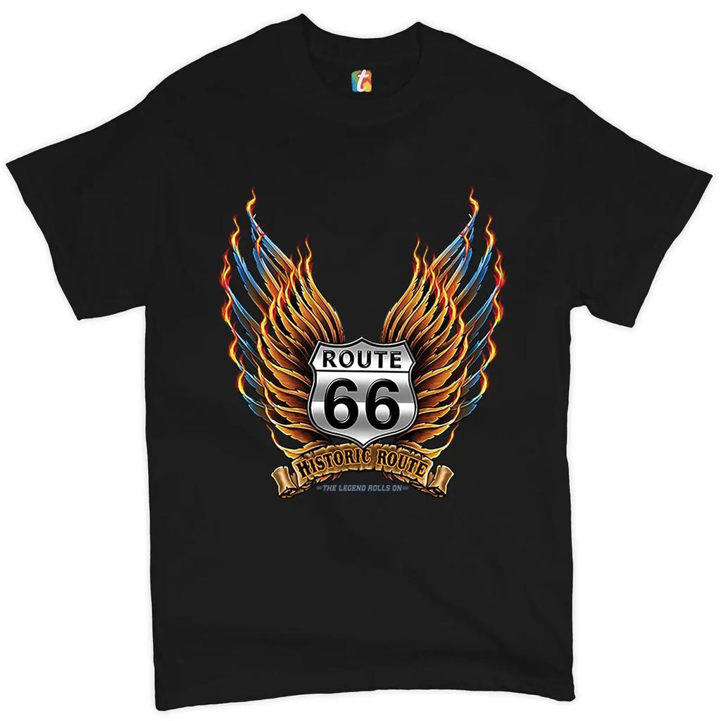 Historic Route 66 Flaming Wings T Shirt The Legend Rolls On American Pride Car Enthusiast Automotive Unisexs Vintage Soft