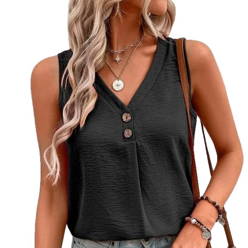 Womens V Neck Sleeveless Tank Top With Button Detail Casual Loose Fit Solid Color Cami Blouse