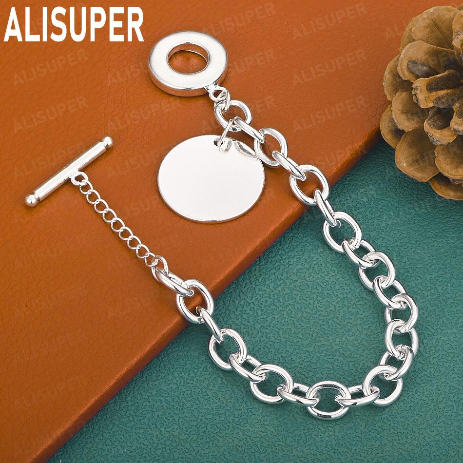 925 Sterling Silver Simple Disc Side Chain Atmospheric Bracelet Gift Jewelry 20CM