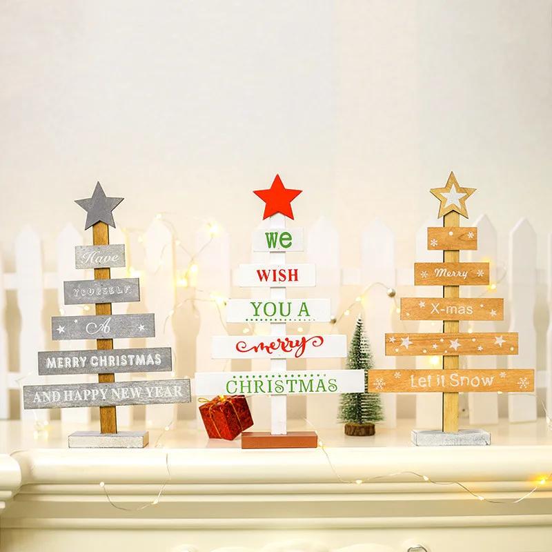 Mini Wooden Merry Christmas Tree Desk Table Decor Pendants Xmas Tree Ornaments Christmas Decoration Happy New Year Home
