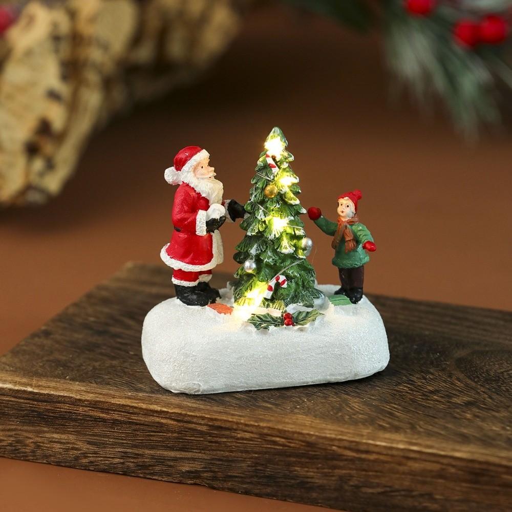 Resin Christmas Village Houses Mini LED Light New Year Micro Landscape Snow View Santa Claus Xmas Ornament Desktop Decor