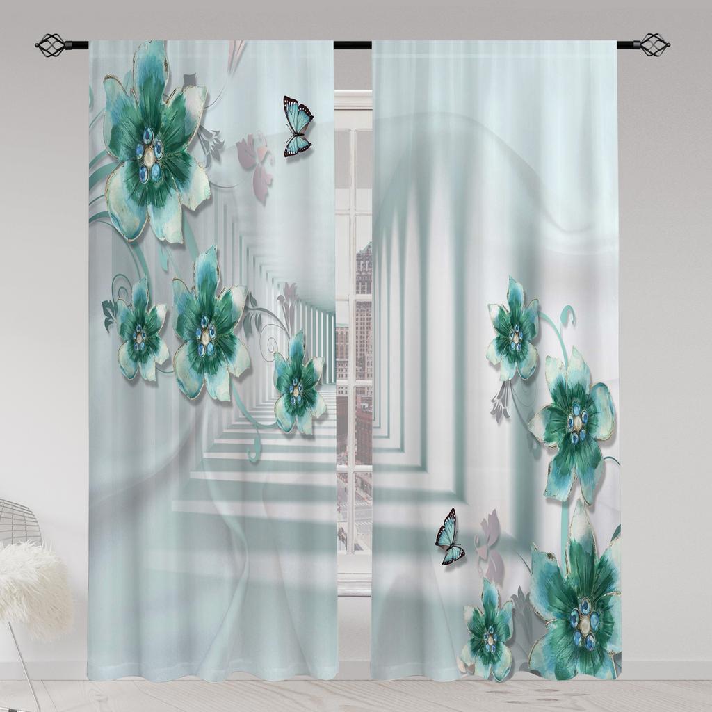 2 Stück Lila Und Blau Kristall Schmetterling Blumen Bedruckt Vorhangstangentasche Montage Digital Gedruckte Vorhänge Für Wohnzimmer Kleidung