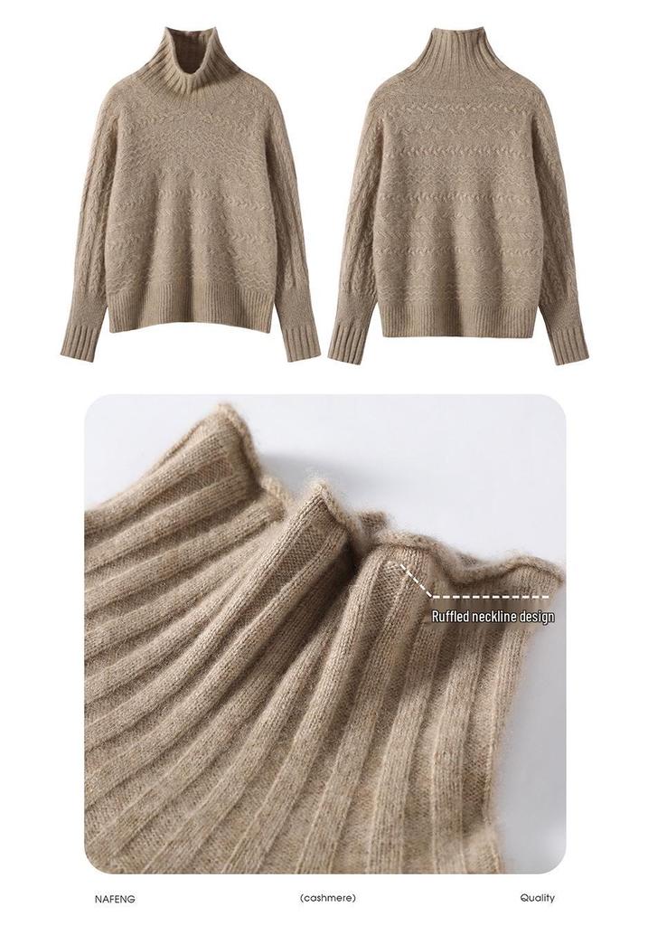 Autumn Winter Retro Cable Knit High Neck Cashmere Women's Sweater - Loose Fit, Solid Color Pullover