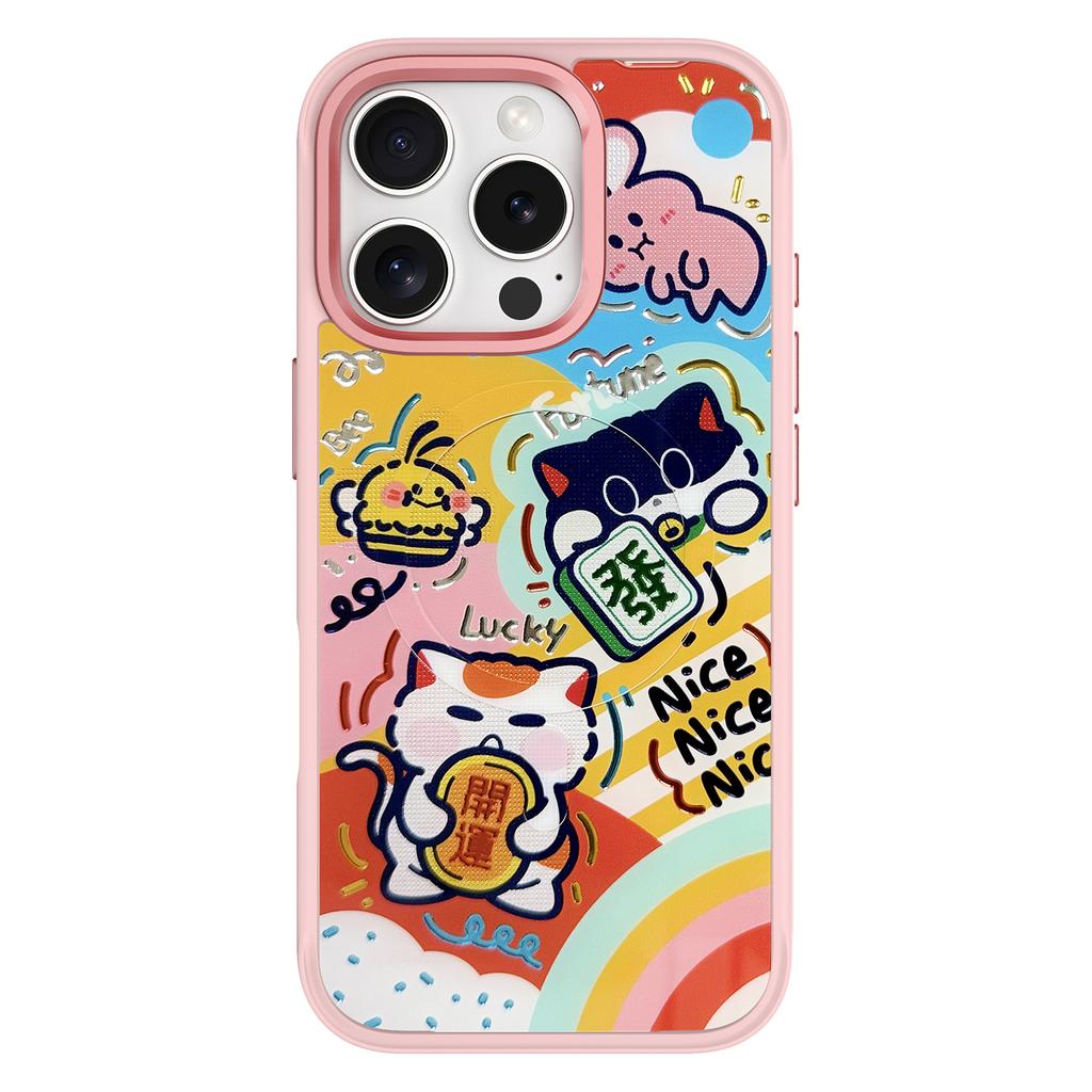 For iPhone 16 Pro Magnetic Case TPU PC Phone Cover with Detachable Green Lucky Cat Backplate