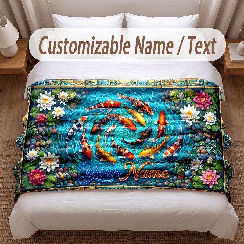 Koi Fish Theme Soft Blanket Personalized Custom Name Text Print Warm Blanket Home Sofa Bedroom Decor