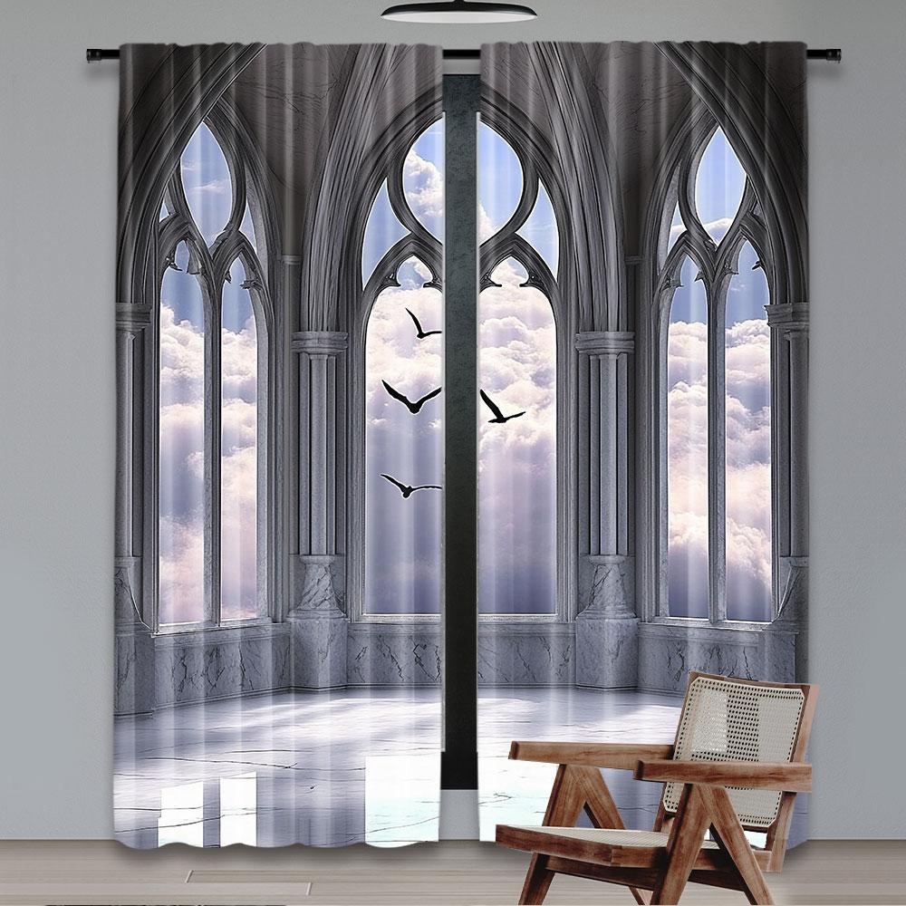 Set Of 2 Gothic Curtains Medieval Stone Balcony Graphic Design Mystic Middle Age Story Bedroom Living Room Dining Curtain Polyester Ideal For