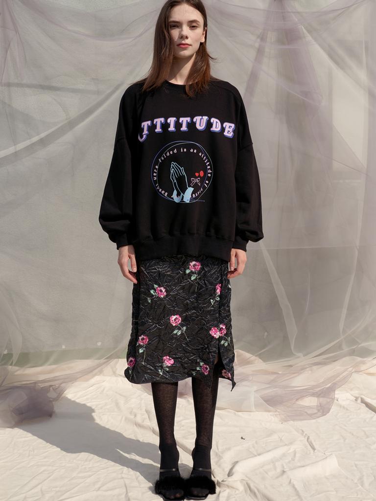 Sorry, Too Much Love White Natural Flower Satin Skirt_Black