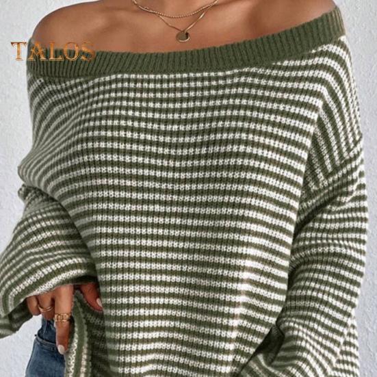 Women Sweater Off Shoulder Oversized Long Sleeve Knit Pullover Top Loose Fit Striped Print Soft Stretchy Knitting Tops