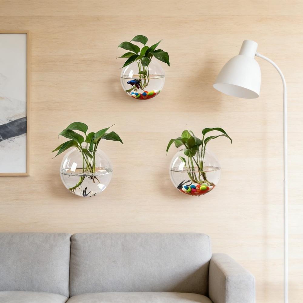 3 Stück Wandhängendes Glas-Terrarium Wandmontierte Runde Kristallvase Grüne Efeu Hydrokultur-Pflanzenbehälter für Haus Büro Dekoration