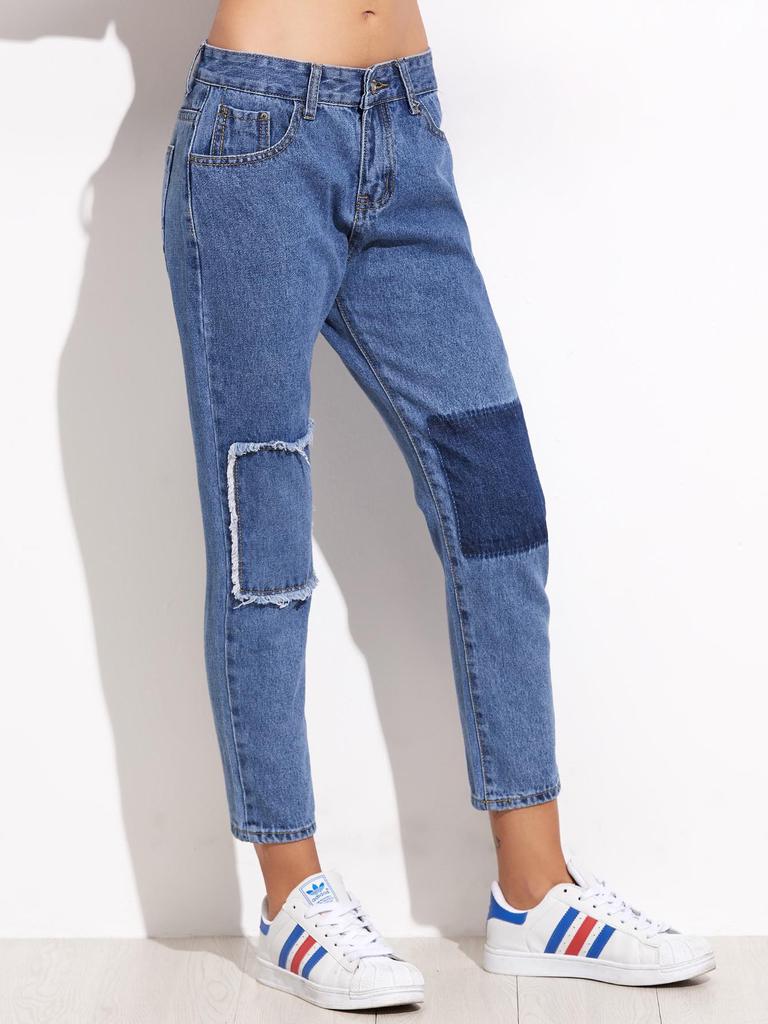 Buy SHEIN Blue Patchwork Ankle Jeans at 