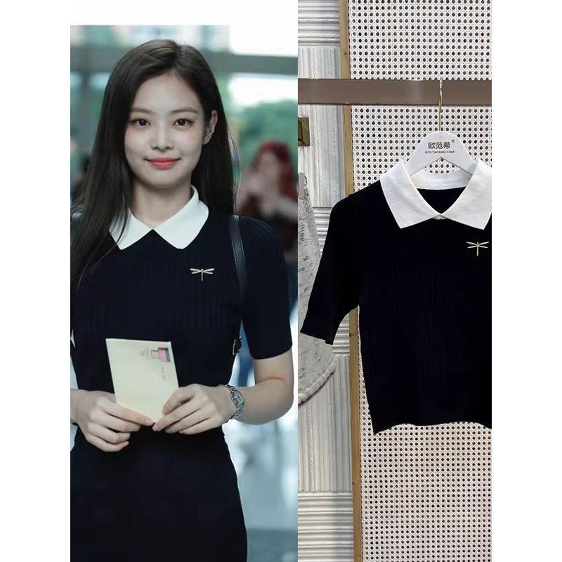 

Дженни Цзинь Чжини Та же одежда Лето Черный Слим Похудение Тонкий Топы Лацкан Вязание Футболка с коротким рукавом Женщины Knitting Tops S