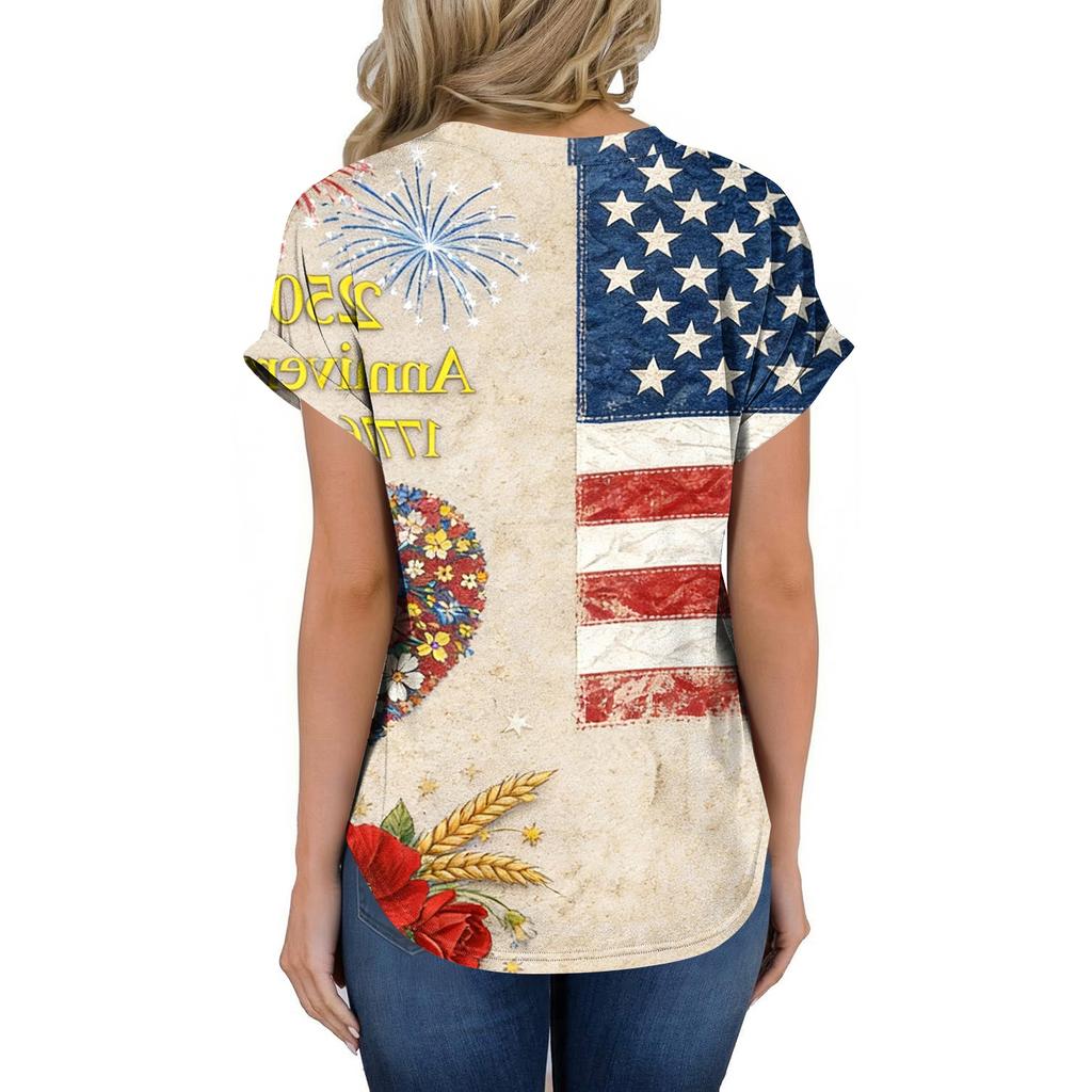 Women's Fashionable Casual Loose-Fit Short-Sleeved Button-Up V-Neck Printed T-Shirt Top