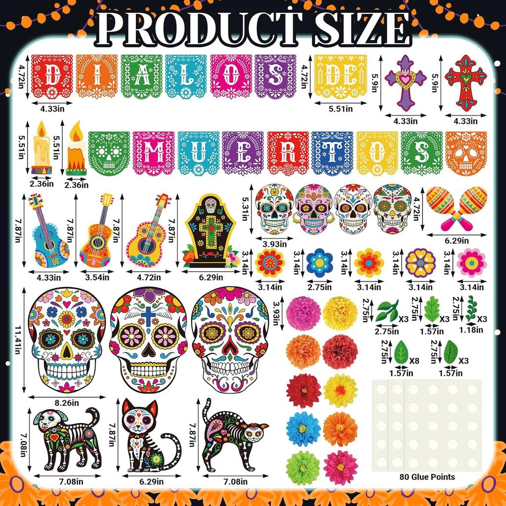 Pasimy Day of The Dead Bulletin Board Set Colorful Sugar Skull Classroom Decorations Mexican Dia De Los Muertos Cutouts with 3D Paper Flowers for