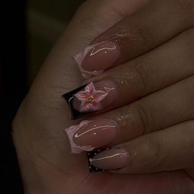 Pink French Wearable Nails: 24 Short Square Pieces with 3D Flowers, Polka Dots, and Rhinestones