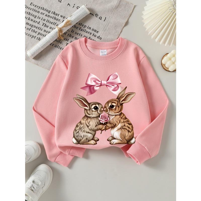 European sizes Girls Crew Neck Sweatshirt Love Rabbits with Rose And Bow, Soft Cozy Pullover, Warm Casual for Autumn & Winter.