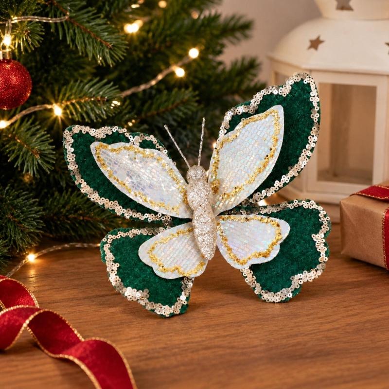 Sparkling Butterfly Decoration with Sculpted Profile and Attached Loop for Christmas Backrops Holiday Tree and Mantel Displays