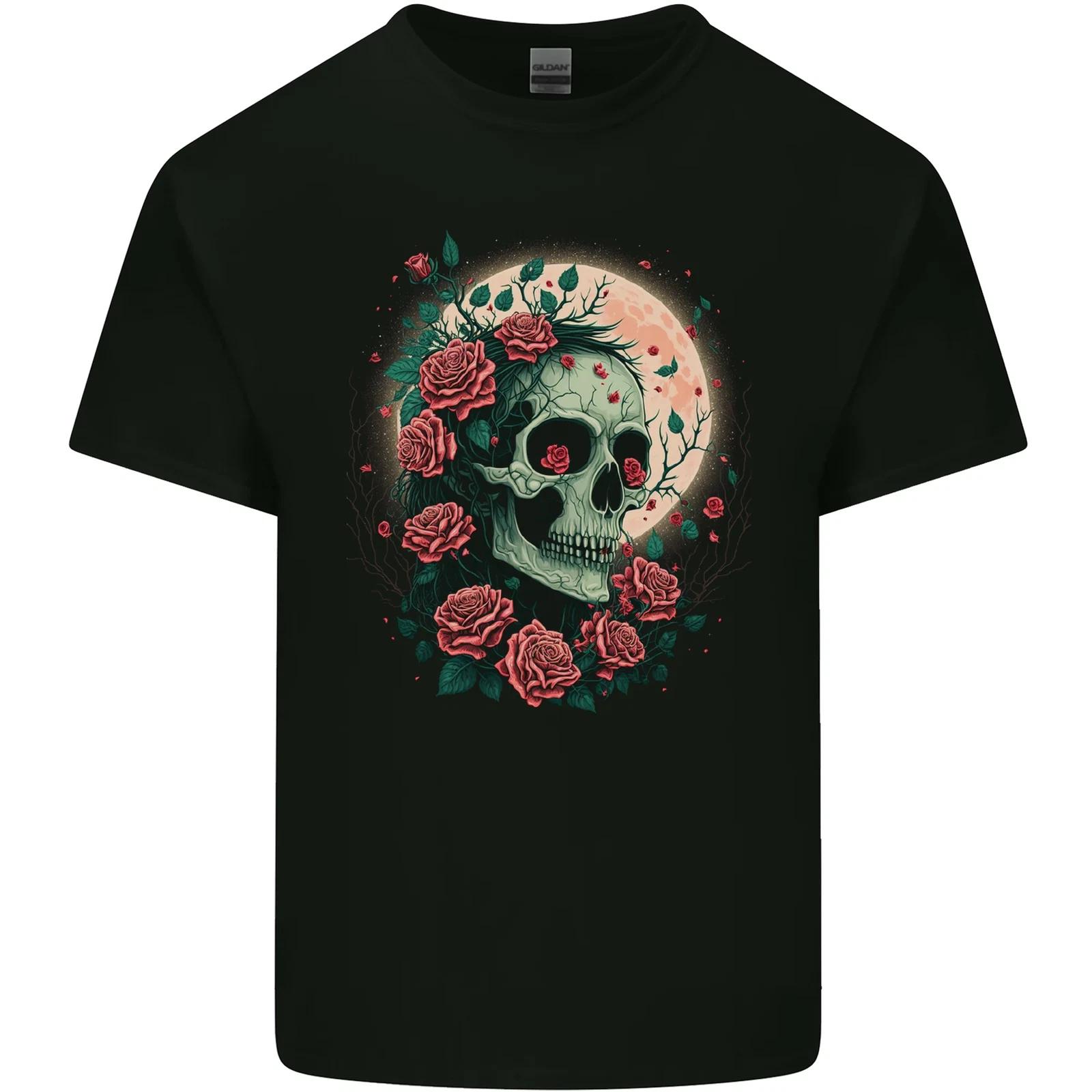 Death at Moon Skull With Roses at Night Gothic Kids T-Shirt Childrens L