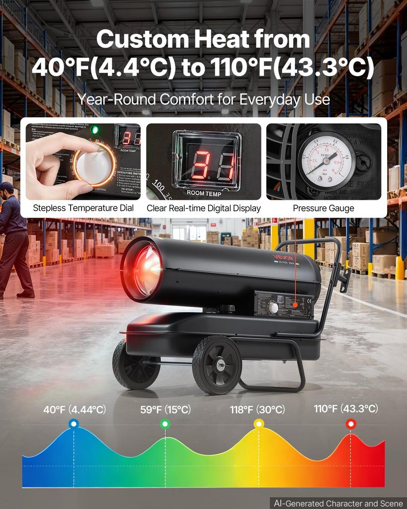 VEVOR Forced Air Kerosene Heater, 30kW Portable Diesel Torpedo Space Heater, for Garage, Warehouse, Workshop, Job Site, Construction