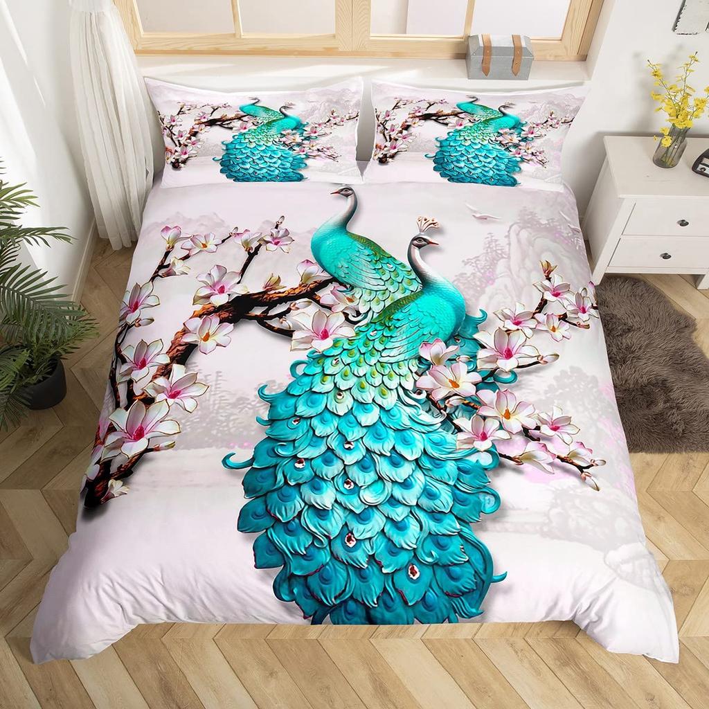 Peacock Duvet Cover King Queen Size Hummingbird Dragonfly Bedding Set Flowers Birds Quilt Cover Floral Animals Comforter Cover