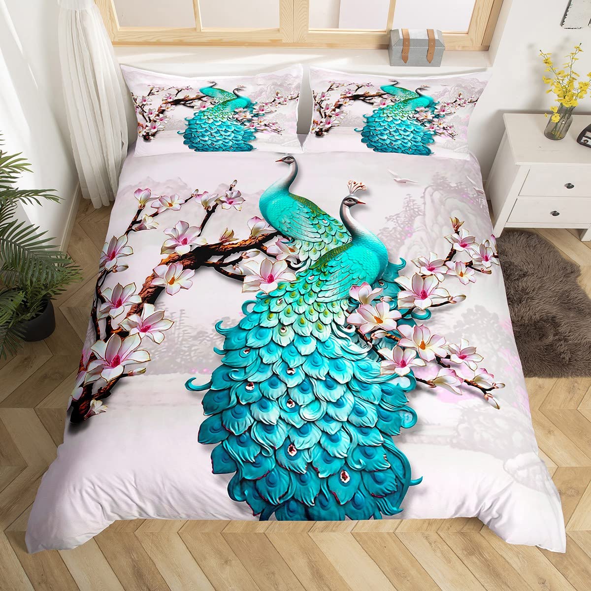 

Comforter Peacock King Size Floral Pattern Bedding Set Retro Peacock Feather Floral Theme Comforter Luxury Quilt Set Comforter (quilt)-EU Single(135*200cm)3pcs