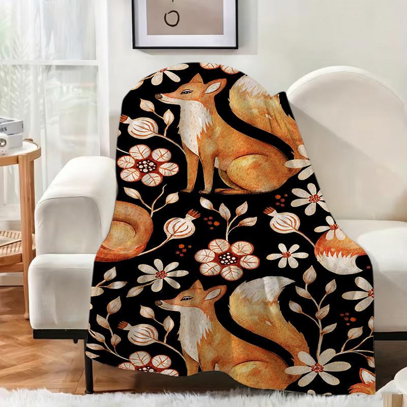 Black Background Orange Fox White Flower Plant Art Fleece Blanket For Rustic Bedroom Decor Lightweight Plush Throw Blanket Cover