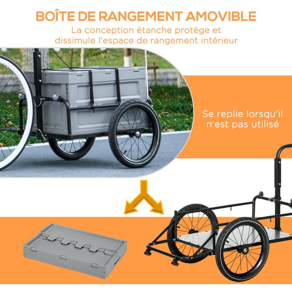 Carrellino per Bici con Scatola Portaoggetti Rimovibile e Pieghevole da 65L, Riflettori di Sicurezza, Max. Carico 40KG, Grigio