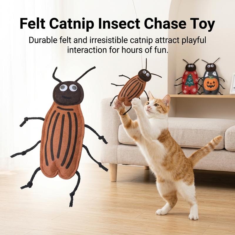 Interactive Cat Wand Toy with Built In Bell and Natural Catnip-Bionic Cockroach Teaser Non Woven Fabric Bite Resistant Kicker