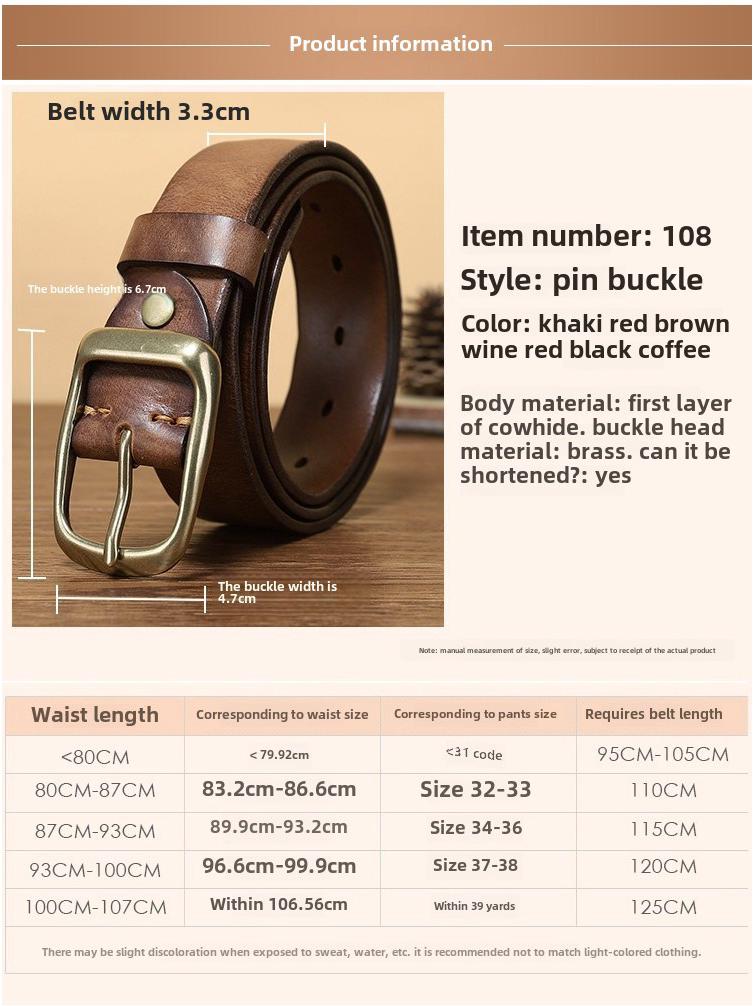 Unisexowy Pasek Retro z Prawdziwej Skóry Bydlęcej z Klamrą na Pin