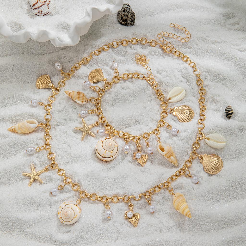 Bohemian Ocean Style Shell Necklace and Bracelet Set, Starfish Pearl Vacation Style Seaside Wear Accessories