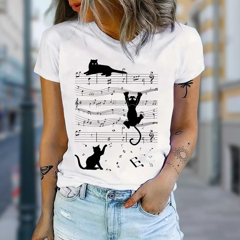 Women Summer T Shirt  Print Black Cat Short Sleeve Tees Casual   Printed  Tops
