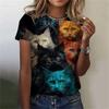 Maglietta da donna alla moda, con stampa 3D, motivo a gatto kawaii, a maniche corte, girocollo, estiva, casual, da strada, semplice