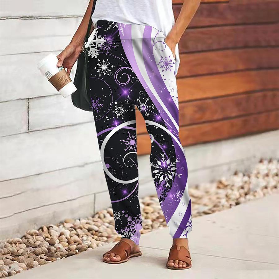Women Leaf Printing Pants Lace Up Elastic Waist Loose  Trousers Casual Long Pants Trousers with Pockets