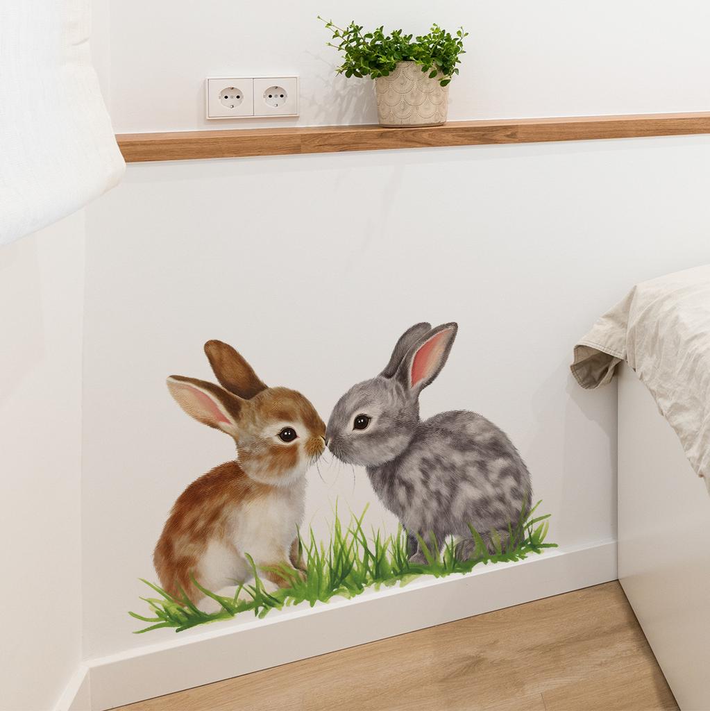 Kreslený králíček na trávě Samolepky na zeď, Roztomilé odnímatelné samolepicí dekorace do obývacího pokoje, Domácí dekorace