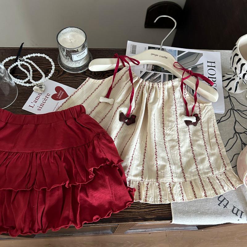 Korean-Style Summer 2025 Girls' Academy Sling Top & Red Skirt Pants Set