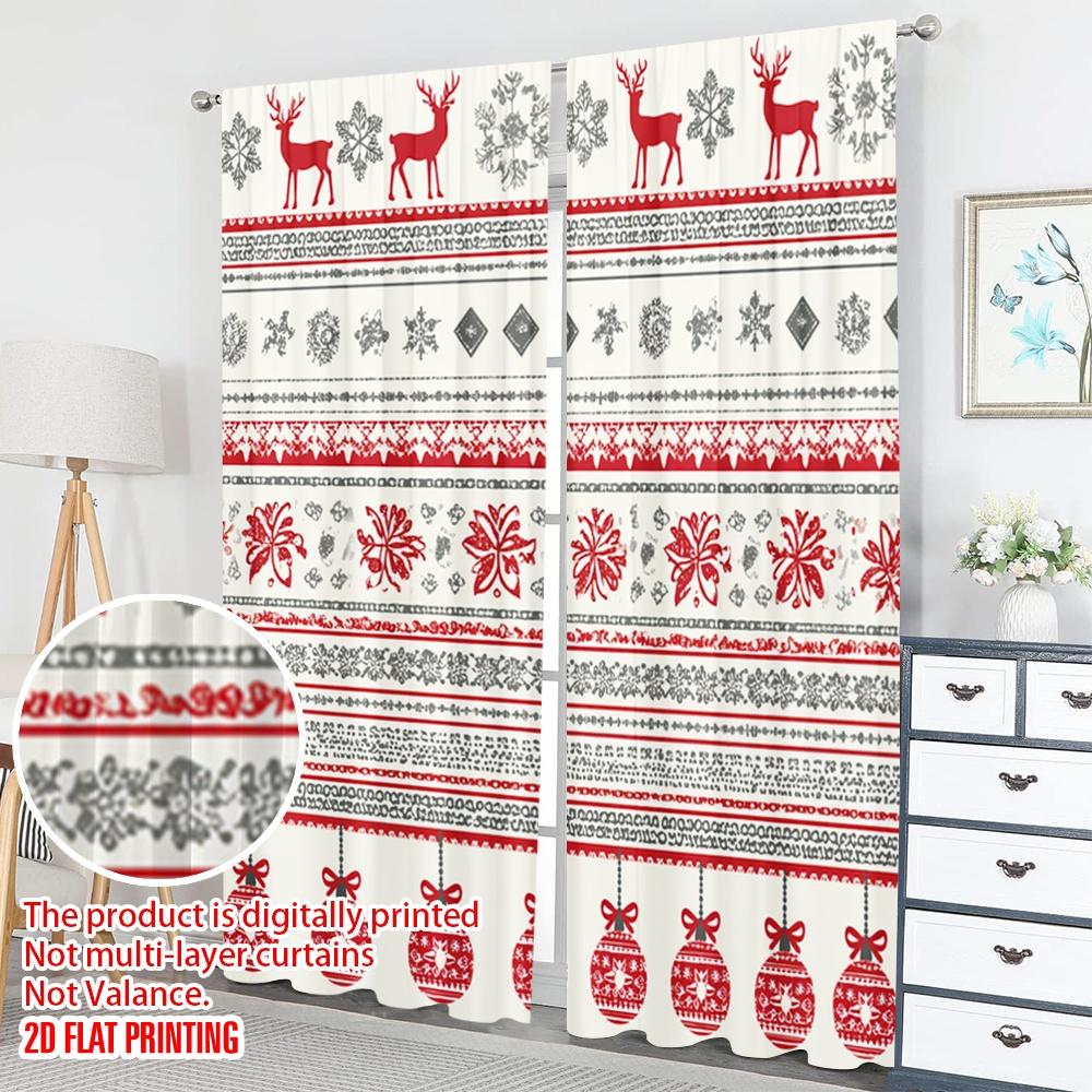 2 Stück 2D Flachdruck Weihnachtsvorhänge Weihnachtsrentier-Ornamente Festliches Design Digitalbedruckte Polyester-Vorhänge Geburtstag