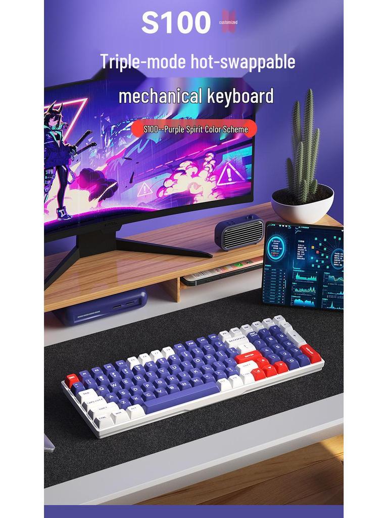 Wireless Bluetooth Mechanical Keyboard - 100-Key, Three-Mode, Compact Design, Office Customizable, Hot-Swappable Switches