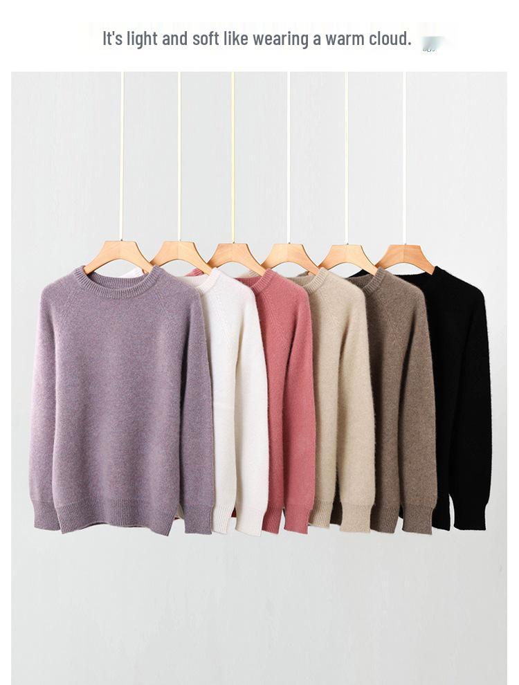 Women's Thick 100% Wool Raglan Sleeve Round Neck Sweater - Loose Knit Long Sleeve Pullover for Autumn/Winter