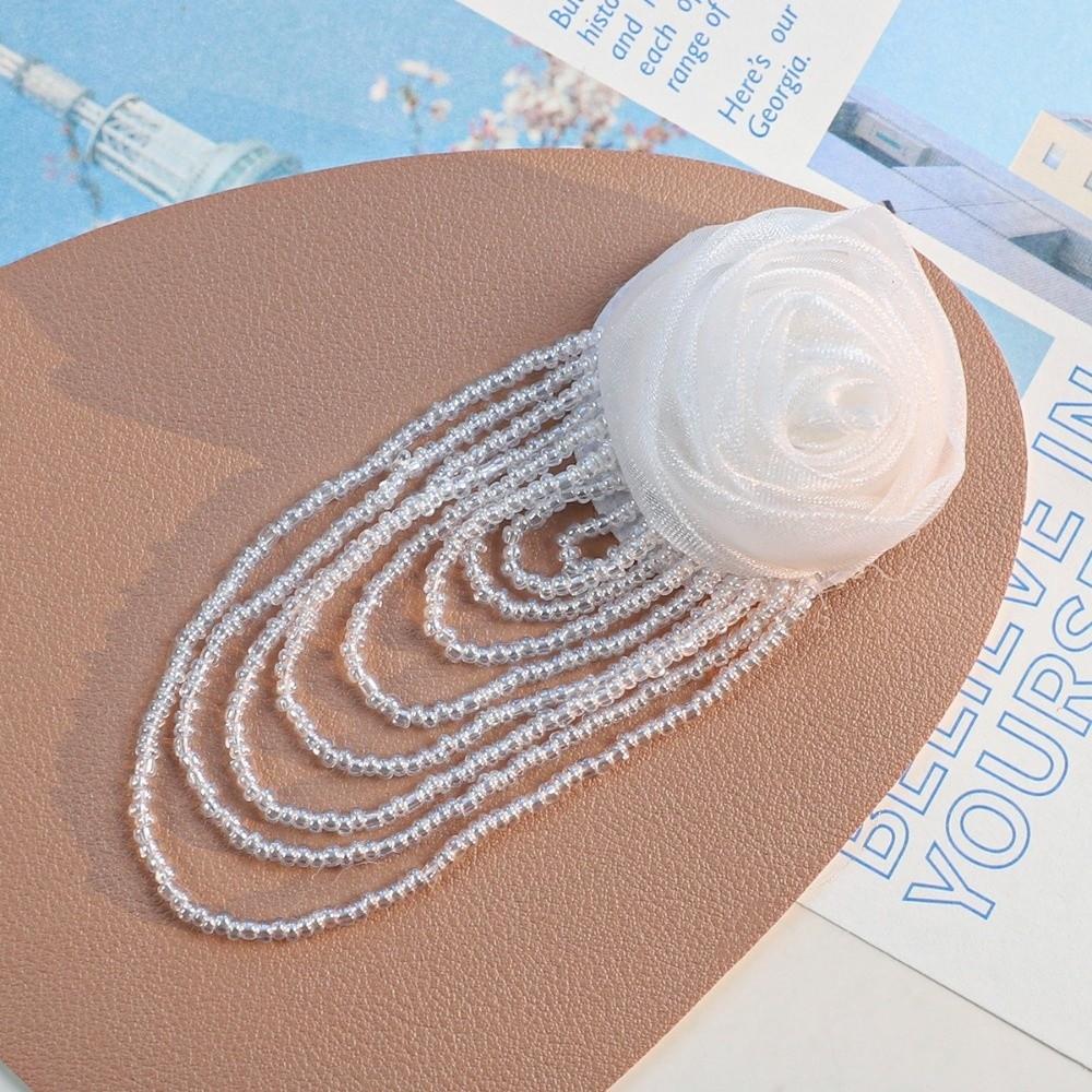 Retro DIY Organza Rose Flower Handmade Mesh Chest Flower Bead Tassel Clothing Patches Hair Clip Accessories