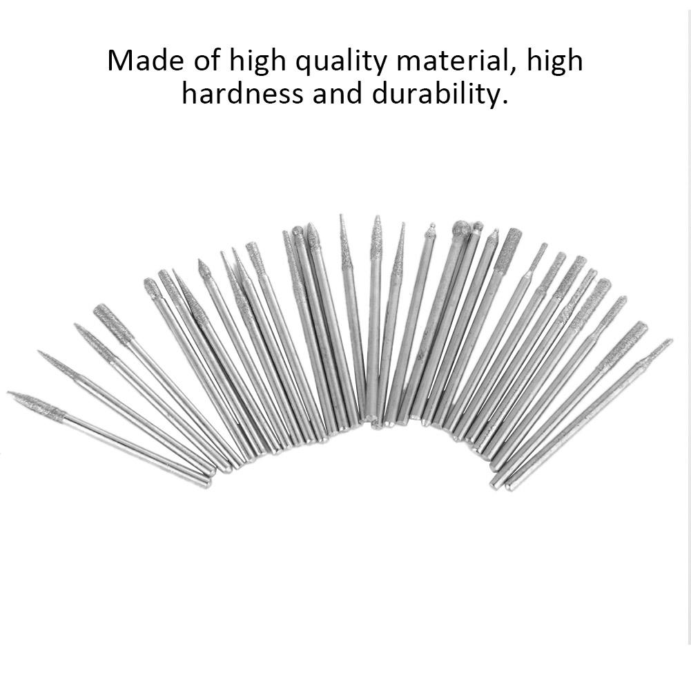 30 KS Diamantové stopky Brusné rotační vrtáky Sada Sklo Jadeit Šperky Gravírování Řezbářské nástroje