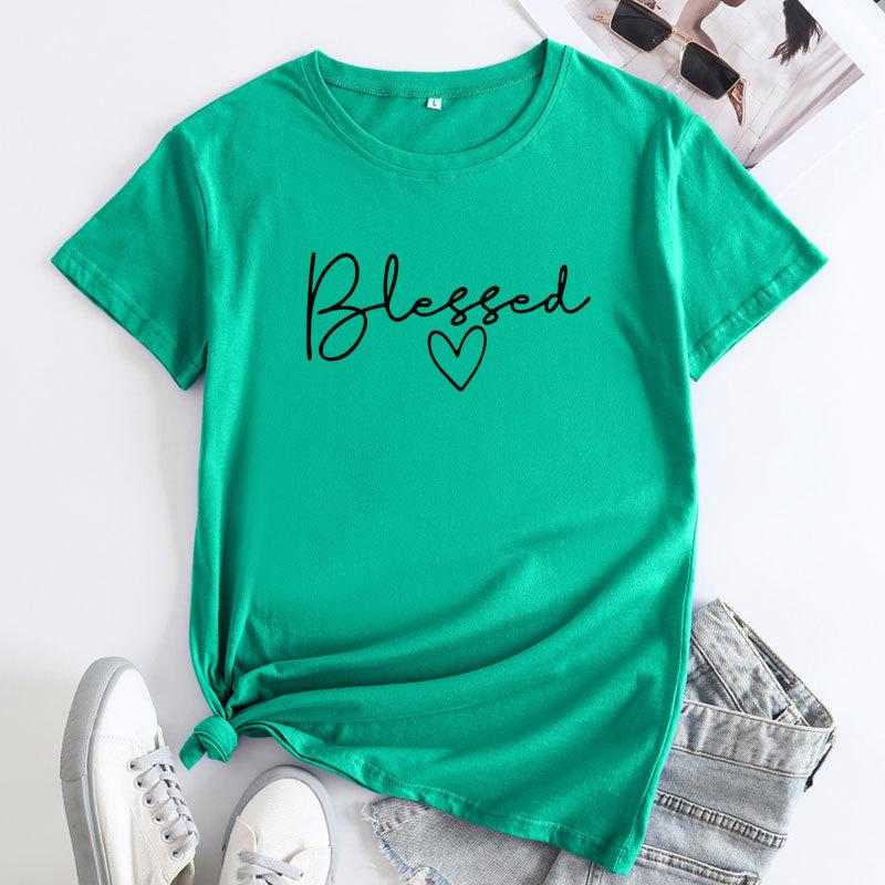 Summer Round Neck Letter Blessed Printed Top Fashionable Casual Short Sleeved Women's Pure Cotton T-shirts